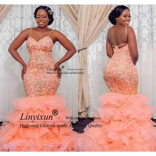 Plus Size Prom Dresses African Women Wear Spaghetti Straps Appliques Tiered Ruffles Mermaid Evening Gowns Sexy Party Dresses