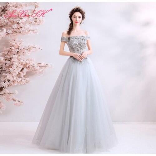 AXJFU princess grey lace evening dress vintage boat neck beading flower grey evening dress beach luxury grey evening dress 5802