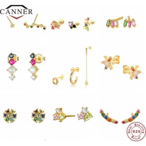 CANNER 100% 925 Sterling Silver Colorful Zircon Small Ear Stud Earrings for Women Piercing Earring Jewelry Pendients Plata 925