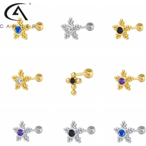 CANNER Zircon Star Cross Earrings For Women 925 Silver Huggie Ear Piercing Stud Earrings Jewelry Cz Huggie Dangle Stud Earrings
