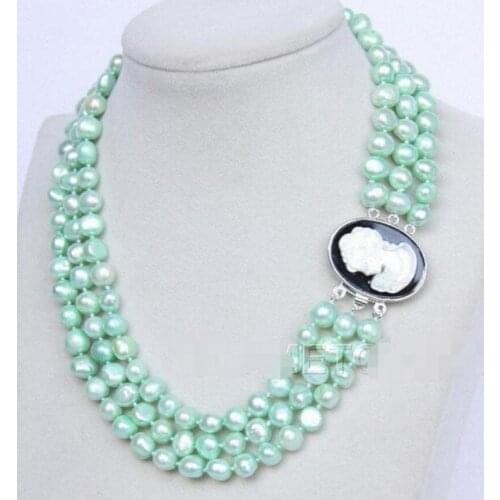 Free shipping 16"-18" 3row 9mm light green pearls necklace seashell clasp