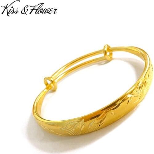 KISS&FLOWER BR75 Fine Jewelry Wholesale Fashion Woman Birthday Wedding Gift Vingate Round 24KT Gold Resizable Bracelet Bangle