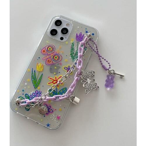 Wrist Chain Case for iPhone 12 Pro Max XR X 7 8 Plus Cute Graffiti Flower Transparent Cases Chain Hanging Case for iPhon 11 SE