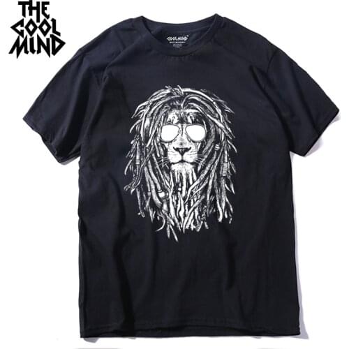 COOLMIND QI0124A 100% cotton cool lion print short sleeve men T shirt casual o-neck summer men Tshirt loose t-shirt tee shirt