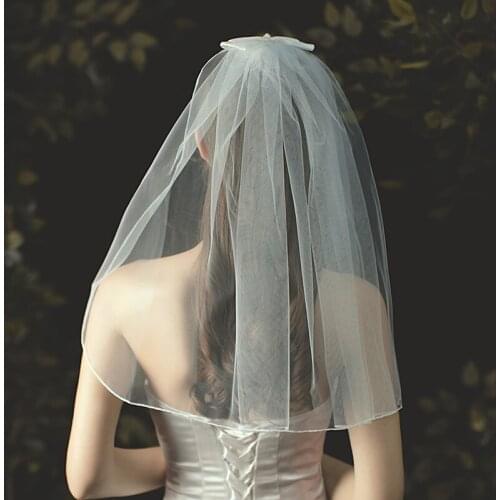 Elegant Short Wedding Bridal Veil Soft Tulle Satin Edge Headdress with Satin Bow for Wedding Travel Studio Photo Prop V705