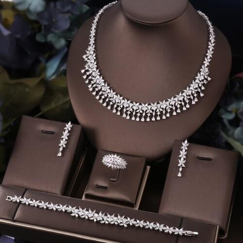 Janekelly 4pcs Bridal Zirconia Full Jewelry Sets For Women Party, Luxury Dubai Nigeria CZ Crystal Wedding Jewelry Sets