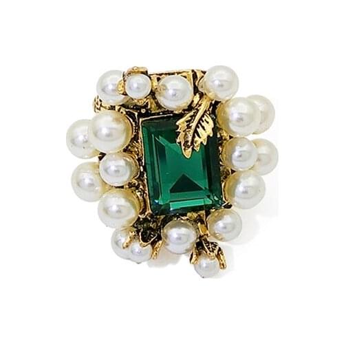 Trendy Green Rhinestone Wedding Rings for Women Simulated Pearl Elegant Dainty Classic Personality Finger Rings Jewelry