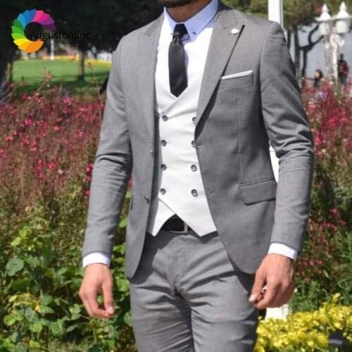 Italian White Double Breasted Vest Customized Grey Mens Wedding Suits Peaked Lapel Groom Tuxedo Men Suit 2018 3Piece Jacket Pant