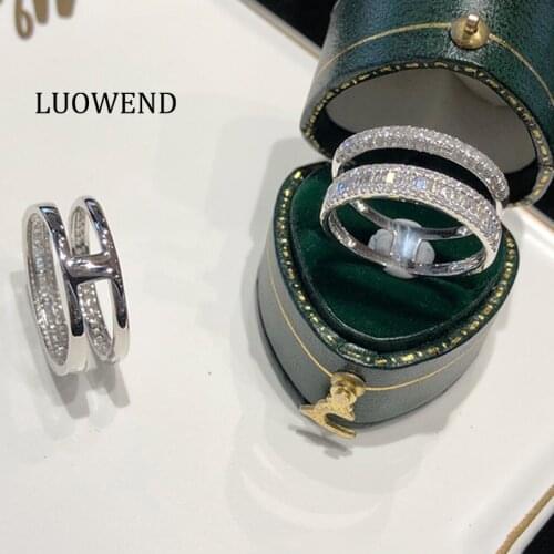 LUOWEND 18K White Gold (AU750) Engagement Ring Gold Rings Claw Setting Row Ring Bague Natural Diamond Ring for Women Wedding