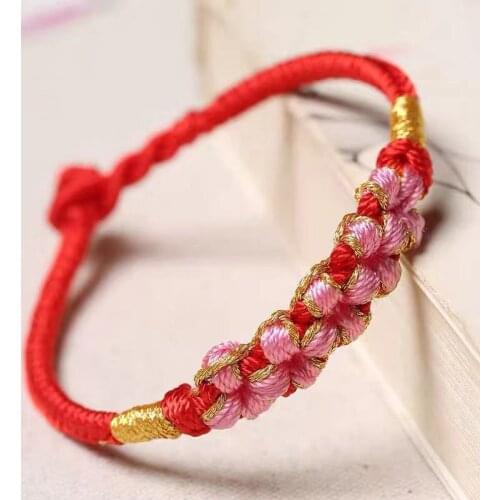 Cute Exquisite Hand-knitted Peach Flower Charm Bracelets Red Cotton Thread Simple Romantic Bracelet Accessory Gifts For Women