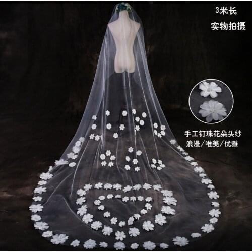 2019 Fashion Bridal Veils Lace Cathedral Wedding Veils With Comb Two-Layer Blusher Face Appliques Pleats Bridal Veil