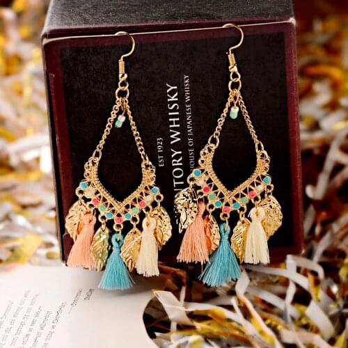 Fashion Goldcolour Water Drop Hollow Alloy Pendant Earrings Alloy Leaf Shape Cotton Silk Pendant Long Earrings 2020 Thai Jewelry