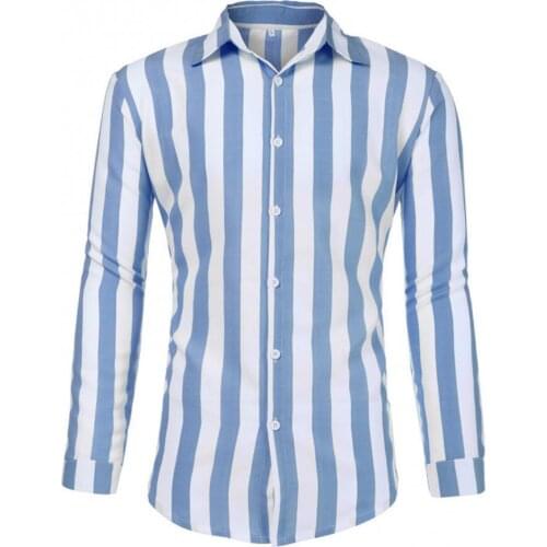 40%HOT Fashion Turndown Collar Vertical Stripes Loose Button Long Sleeve Men Shirt Top