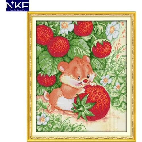 NKF Elephant Rat Picking Strawberries Cross Stitch Handmade Craft Needlework Embroidery Kit Cross Stitching Set for Home Decor