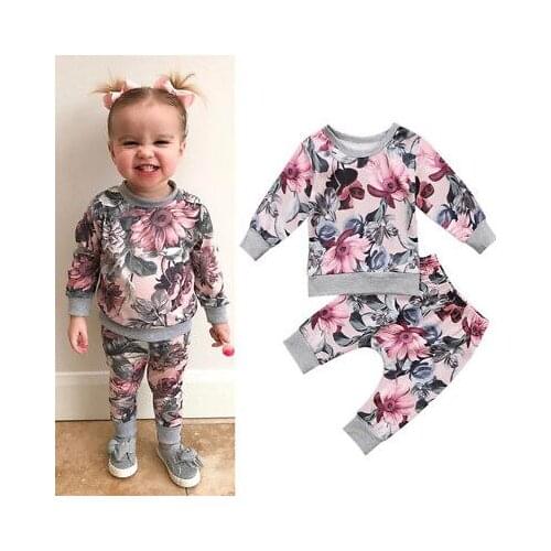 2020 Autumn Baby Girls Clothing Set Newborn Kids Long Sleeve Round Collar Floral Print Top + Elastic Waistband Trousers 0-24M