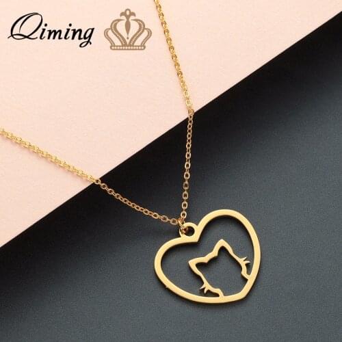 QIMING Lovely Animal Love Cat Necklace Simple Women Girls Jewelry Birthday Gift Stainless Steel Best Friend Necklaces