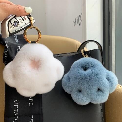 Luxury Cute Real Rex Rabbit Fur Bear Paw Keychain Fluffy Originality Cartoons Toys Key Ring Women Bag Ornament Trinket Gifts