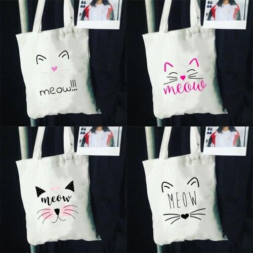 Cute Meow Cat Canvas Shoulder Bag Fashion Womens Tote Bag Portable Canvas Shopping Bag Harajuku Tasteful Reusable Shopper Pouch