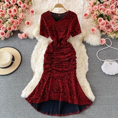 Vintage Womens Dress Summer Shiny V-neck Elastic Pleasted Dresses Female High Waist Slim Fishtail Vestidos Verano 2021