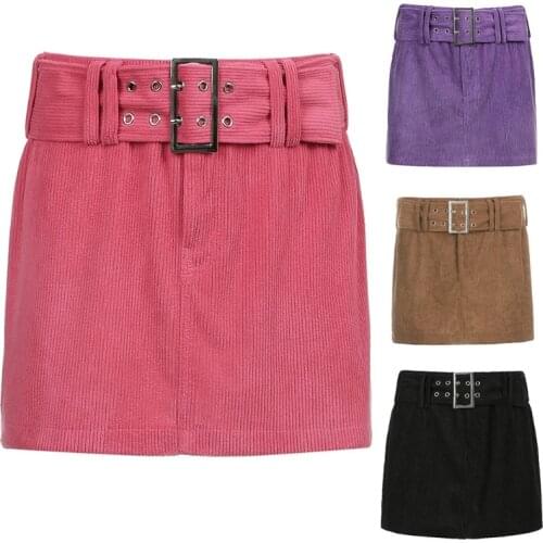40GC Women Autumn Corduroy Velvet Low Rise Sexy Short Mini A-Line Skirt with Waist Belt Harajuku 90s Vintage Solid Color Slim