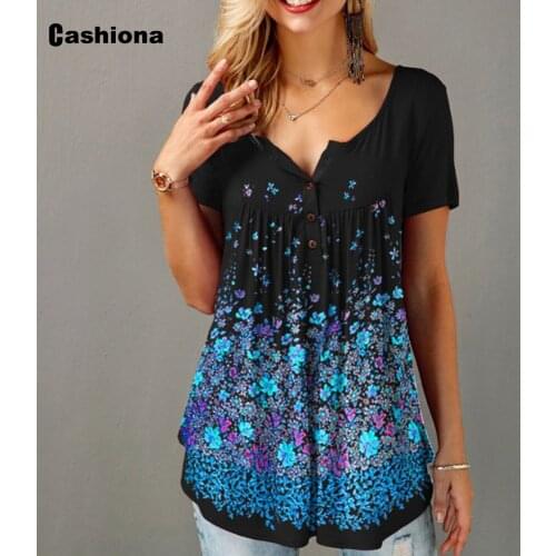 Plus Size Women Casual Leisure Tops 2020 Fashion Gradient Flower Print Summer Boho Tees Shirt V neck Button Loose Tshirt Femme