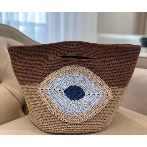 Womens Knitting Evil Eye Bohemian Boho Stylish Large Capacity Travel Bag Womens Crochet Cotton Hand knitted design Handle Bag