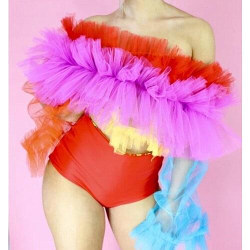 Rainbow Tulle Women Tops With See Through Long Sleeves Sexy Off The Shoulder Ruffles Tutu Women Blouses Custom Made