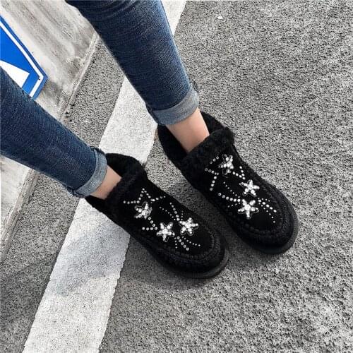 Cow Suede Ankle Boots For Women New Rhinestone Appliques Flat With Shoes Woman Autumn Winter Warm Casual Snow Boots
