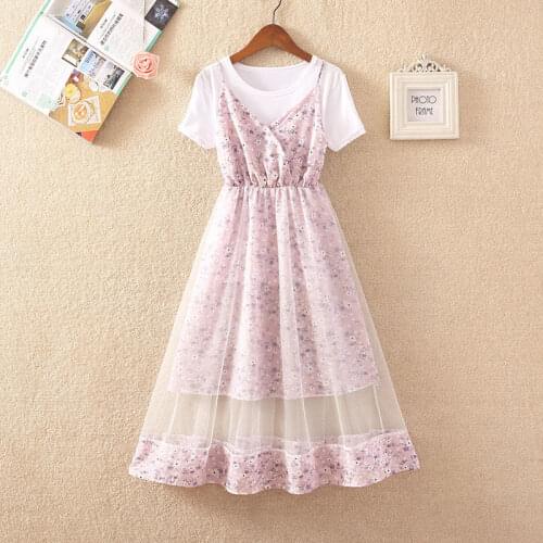 2021 Korean T-shirts Top + Floral Print Spaghetti Strap Dress 2 Piece Sets Sweet V-Neck High Waist Elegant Sleeveless Suit Q62