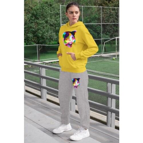 Angemiel Wear Colorful Smiley Cat Women 'S Tracksuit Set Yellow Hooded Sweatshirts Gray Sweatpants