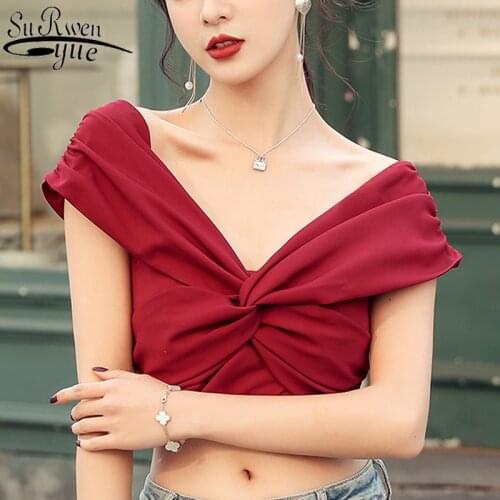 2021 Summer New Fashion Folds Vest Crop Top Solid Deep V Neck Off-the-Shoulder Sleeveless Slim Ladies Tops Feminine 9330