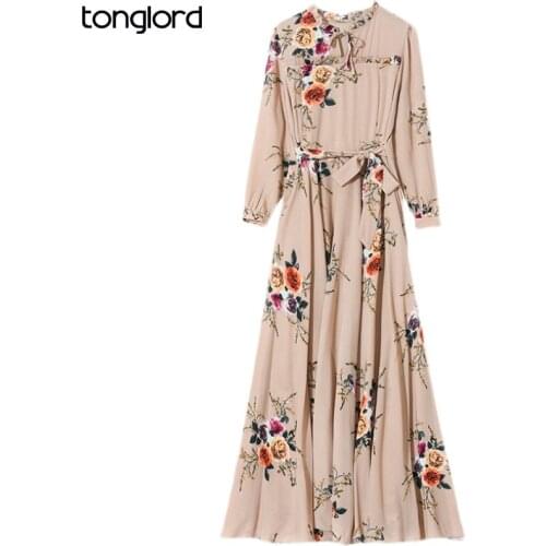 Women Floral Print Dresses With Belt 2021 Autumn Long Sleeve Female Bow Collar Chiffon Maxi Dress Mujer Vestidos Plus Size S-4XL