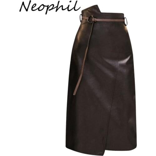 Neophil 2020 Winter Asymmetrical PU Leather Midi Skirts With Belt High Waist Solid Vintage Fashion Female Pencil Skirts S9727