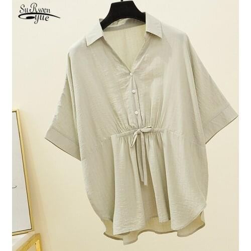 2021 Summer New 5XL Large Size Korean Style Loose Blouse Women Elegant V-neck Solid Large Girls Slim Shirts White Tops 9884