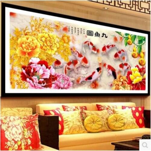 Diamond Embroidery Mosaic Painting Cross Stitch Full 9 Carps Fortune Hoist Golden Rich Peony DIY 5D/3D Sale Decoration Gift