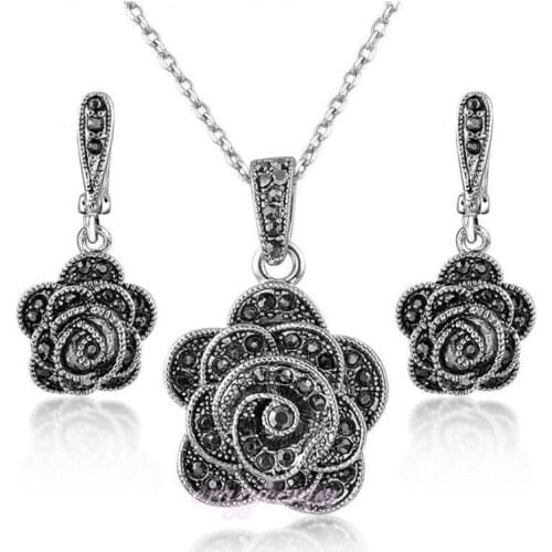 Free Shipping marcasite Jewelry set Vintage black rose necklace/earring fashion jewelry