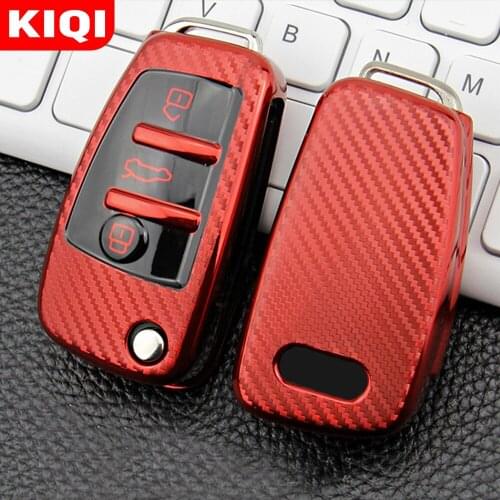 KIQI TPU Carbon Fiber Car Key Case Protection Cover for Audi C6 A7 A8 R8 A1 A3 A4 A5 Q7 Keys Holder Bag Car-Styling Accessories