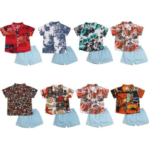 FOCUSNORM 0-5Y Summer Boys Causal Clothes Sets 7 Colors Printed Short Sleeve Shirts Tops Solid Elastic Shorts 2pcs