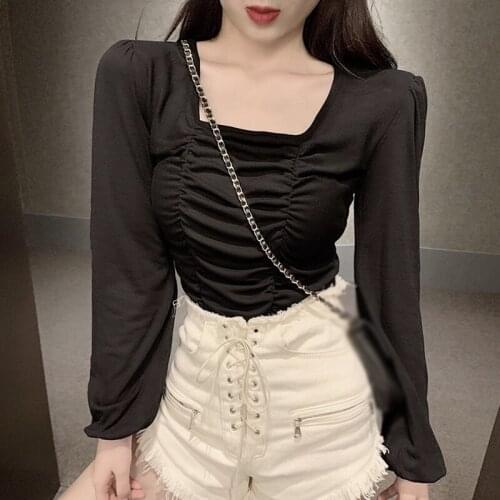 Cotton Casual T-shirt Summer Square Neck Exposed Clavicle Long-sleeved Slim Pleated Bottoming Top