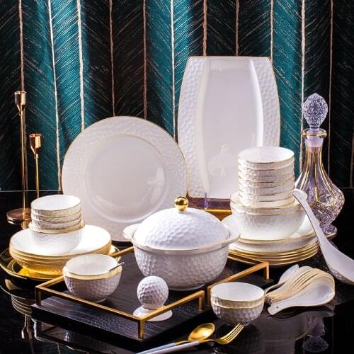 60 Heads Jingdezhen Ceramic Dinner Dish Rice Bowl Soup Bowl Salad Noodles Bowl Plate Dinnerware Set Kitchen Tableware