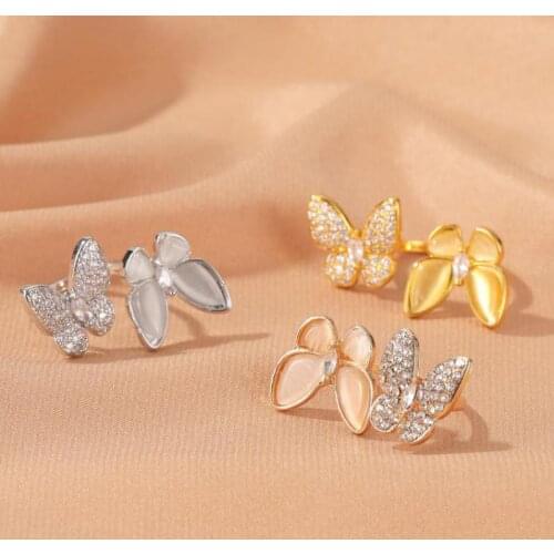 Big Double Butterfly Ring Crystal Opal Butterfly Rings For Women Jewelry Fashion Gold Silver Color Resizable Ring Jewellery Gift