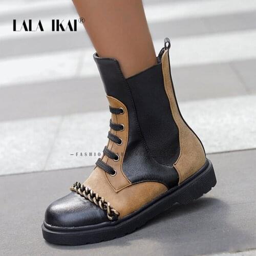 LALA IKAI Women Ankle Boots Retro Chain Patchwork Boot Slip-on 2020 Fashion Motorcycle Riding Boots Female Autumn WinterA30842-4