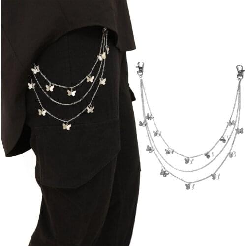 Punk Rock Metal Pants Waist Chain Multi-layer Silver Butterfly Chain for Men Women Costume Accessories Hip-hop Jewelry Gift