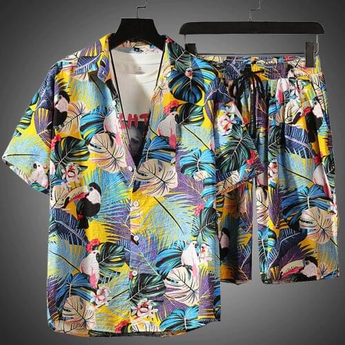 Summer Sets Men Casual Beach Wear Men 2 Piece Set Prined Shirt + Shorts Summer Clothes Men Shorts Set Floral Print Shirts 5XL