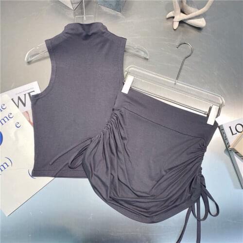 Nomikuma 2021 Summer New Sexy Slim Women Sets Turtleneck Sleeveless T Shirts + High Waist Draw String Pleated Mini Skirt 6K507