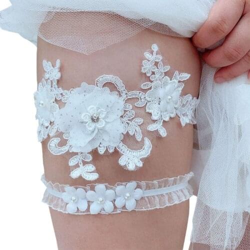 2Pcs/Set Womens Bridal Stretch Wedding Thigh Rings Embroidery Flower Faux Pearl Rhinestone Jewelry Prom Party Leg Garter AXYD