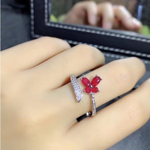 Natural red ruby gem ring 925 Silver natural sapphire Emerald Opening ring Fashion Clover woman girl Birthday Gift jewelry