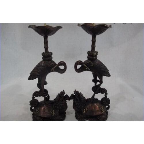 Song voge gem S0462 11 Tibet Bronze Buddhism crown crane Dragon tortoise Candlestick candler Pair