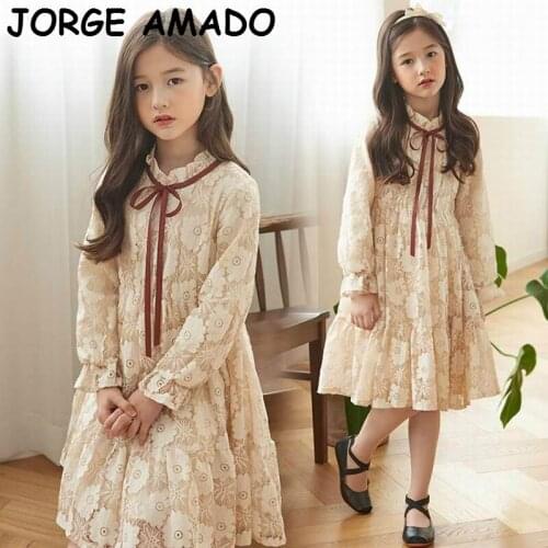 Teenage Girls Dress 2020 Autumn New Apricot Lace Long Sleeve Princess Dress Kids Clothes 4-12T E4505