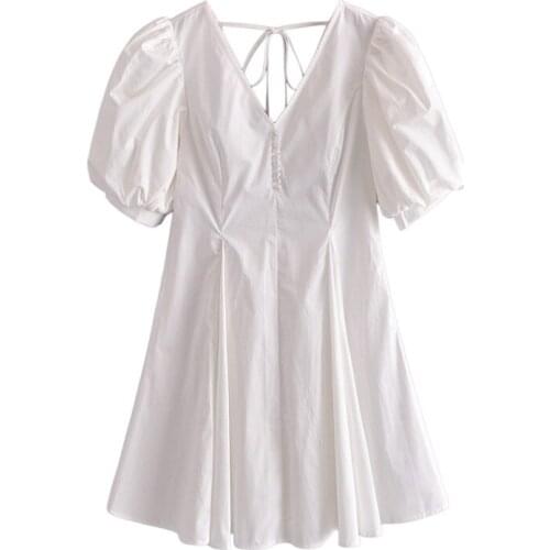 Women A Line White Cotton Mini Dress Chic Puff Short Sleeve Backless Bow Tie Dress Female Casual Solid Color Sundress